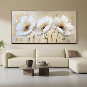 Abstract White Flower Oil Painting on Canvas, Large Wall Art, Original Blooming Blossom Painting, Floral Wall Art, Living Room Home Decor
