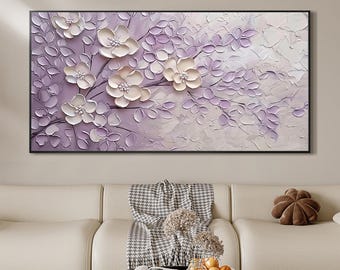 Textured 3D Flower Oil Painting, Purple Floral Blossom, Large Canvas Art