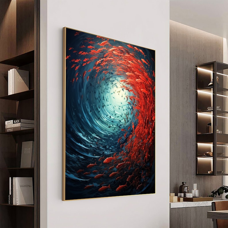 Abstract Fish School Oil Painting on Canvas, Large Wall Art Original Sea Art, Custom Painting Red Wall Decor Living Room Personalized Gift
