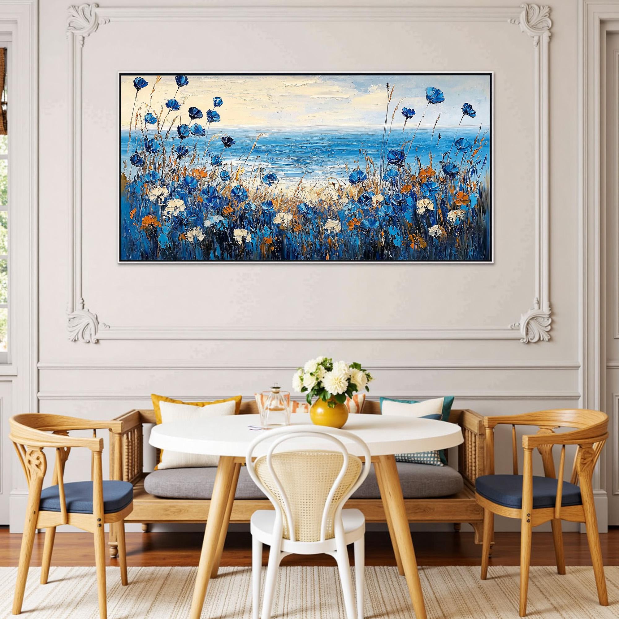 抽象的な海景油絵、青い花畑、大型キャンバス壁掛けアート - Etsy 日本