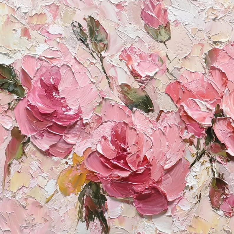 Original Pink Rose Oil Painting on Canvas, Large 3D Textured Floral ...