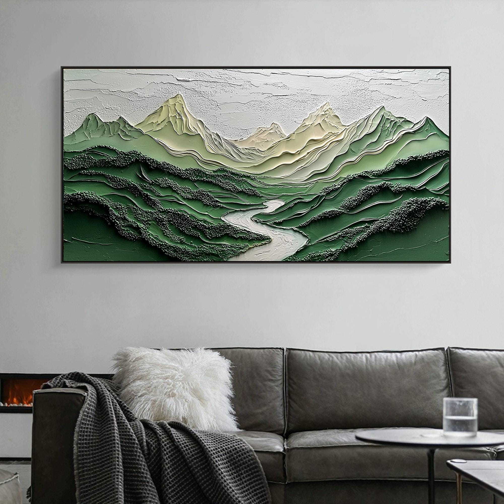 Abstract Green Mountain Oil Painting, Textured Landscape Wall Art