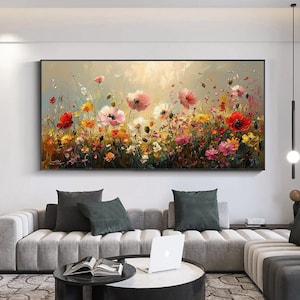 Original Colorful Flower Oil Painting On Canvas, Abstract Blossom Painting, Large Textured Floral Wall Art, Modern Living Room Home Decor