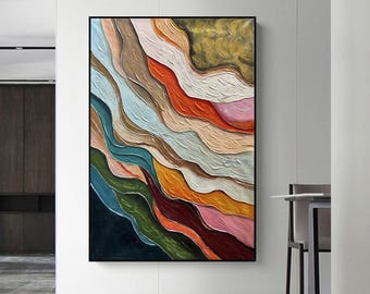 Abstract Ocean Wave Oil Painting on Canvas, Extra Large Wall Art, Original Colorful Texture Wall Art, Custom Painting Living Room Wall Decor