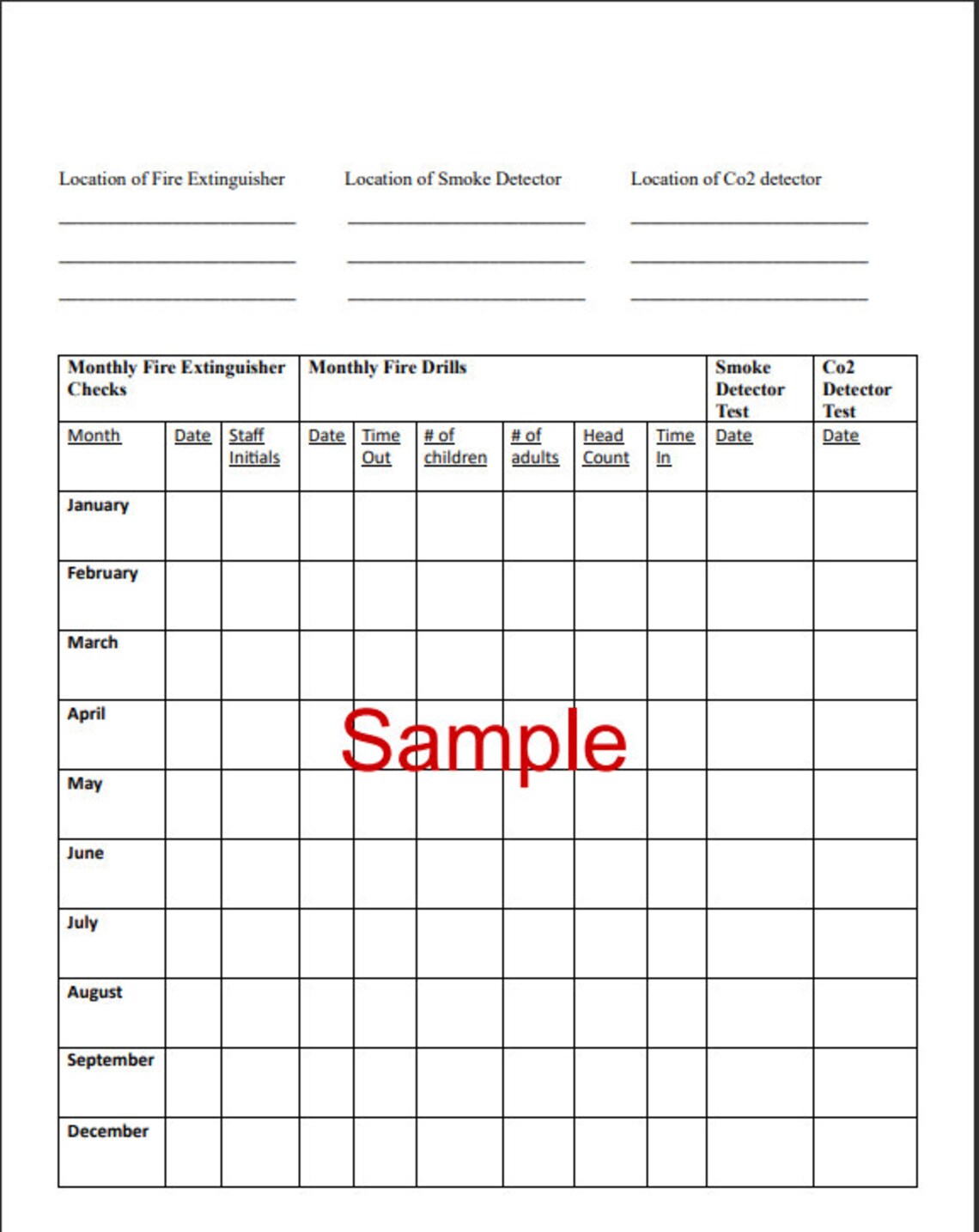 Daycare Monthly Fire Drill / Smoke Detector / Co2 Log Form - Etsy