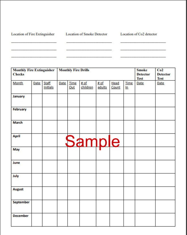 Daycare Monthly Fire Drill / Smoke Detector / Co2 Log Form - Etsy