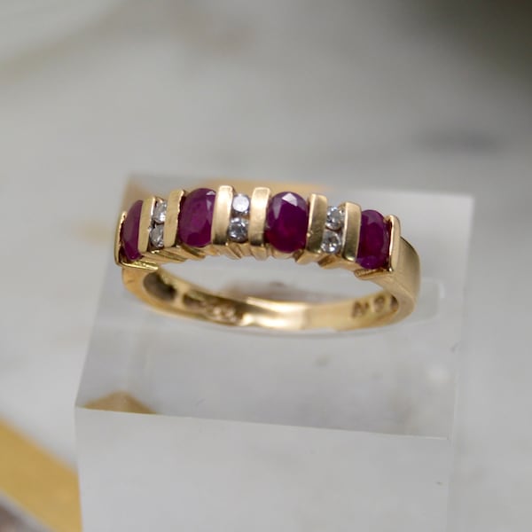 Vintage Channel Set Natural Ruby and Diamond 10k yellow Gold Estate Ring