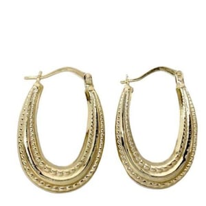 10K Yellow Gold Vintage Millgrain Detail Oval Hoop Estate Earrings