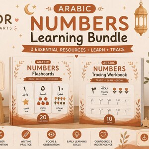 May include: An Arabic numbers learning bundle featuring a set of flashcards and a tracing workbook. The cover displays the text Arabic Numbers Learning Bundle, Arabic Numbers Flashcards, and Arabic Numbers Tracing Workbook in brown font.