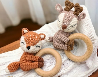 Hochet animal au crochet pour bébé, jouet en bois au crochet, hochets pour nouveau-né avec anneau de préhension, cadeaux de premier anniversaire, cadeau de baby shower