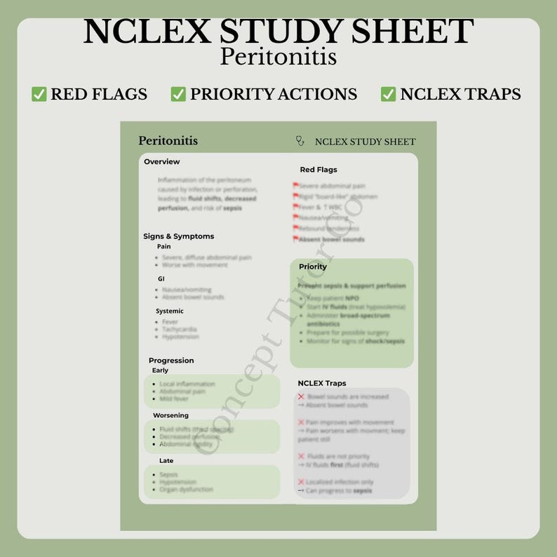 Peritonitis NCLEX Study Sheet | Nursing Notes PDF Download | Red Flags ...