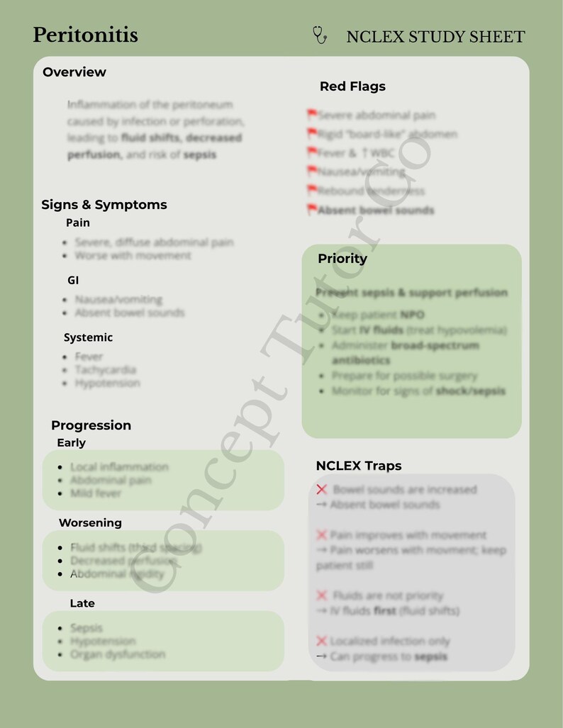 Peritonitis NCLEX Study Sheet | Nursing Notes PDF Download | Red Flags ...