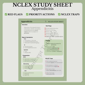 Puede incluir: Una hoja de estudio para el examen NCLEX, centrada en la apendicitis. La hoja incluye secciones sobre banderas rojas, acciones prioritarias y trampas NCLEX. El texto es en negro y verde, con un fondo verde claro.