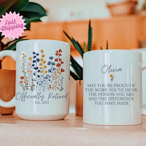 Retirement Mug, Personalized Happy Retirement Cup, Custom Retired Leaving Gifts for Women Coworker Boss Woman Teacher, Retiring Coffee Mug