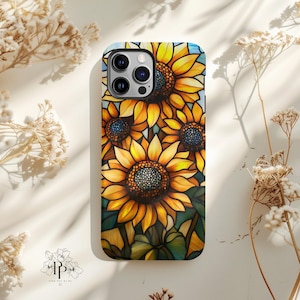 Aesthetic Faux Sunflower Stained Glass Phone Case iPhone Pixel Galaxy, Sunflower Wildflower Mosaic Floral Gift for Garden & Flower Lovers