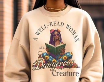 Brown Girl Reading Sweatshirt: Floral Black Woman Art, Librarian Gift