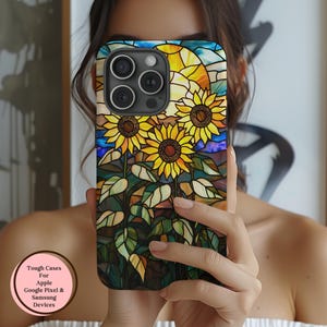 Aesthetic Faux Sunflower Stained Glass Phone Case iPhone Pixel Galaxy, Sunflower Wildflower Mosaic Floral Gift for Garden & Flower Lovers
