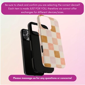May include: Three phone cases are displayed. One is black, and the other has a white, peach, and gold checkered pattern. The text in the image says, "Be sure to check and confirm you are selecting the correct device!!" and "Please message us for any questions or concerns!"