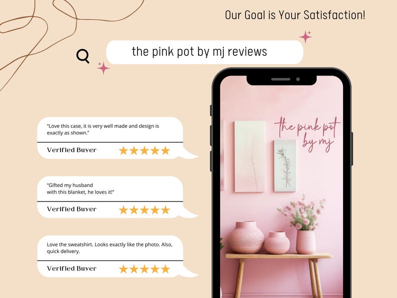 Puede incluir: Un tel&eacute;fono inteligente muestra un dise&ntilde;o interior rosa con jarrones, obras de arte y flores. La pantalla muestra "the pink pot by mj" y rese&ntilde;as de clientes. El fondo es de color melocot&oacute;n claro con una l&iacute;nea decorativa.