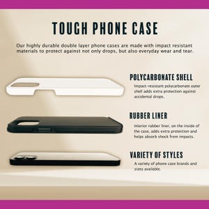 Puede incluir: Imagen de fundas para tel&eacute;fonos con el texto "TOUGH PHONE CASE". Las fundas se muestran en blanco, negro y transparente. La imagen destaca la carcasa de policarbonato, el revestimiento de goma y la variedad de estilos disponibles.