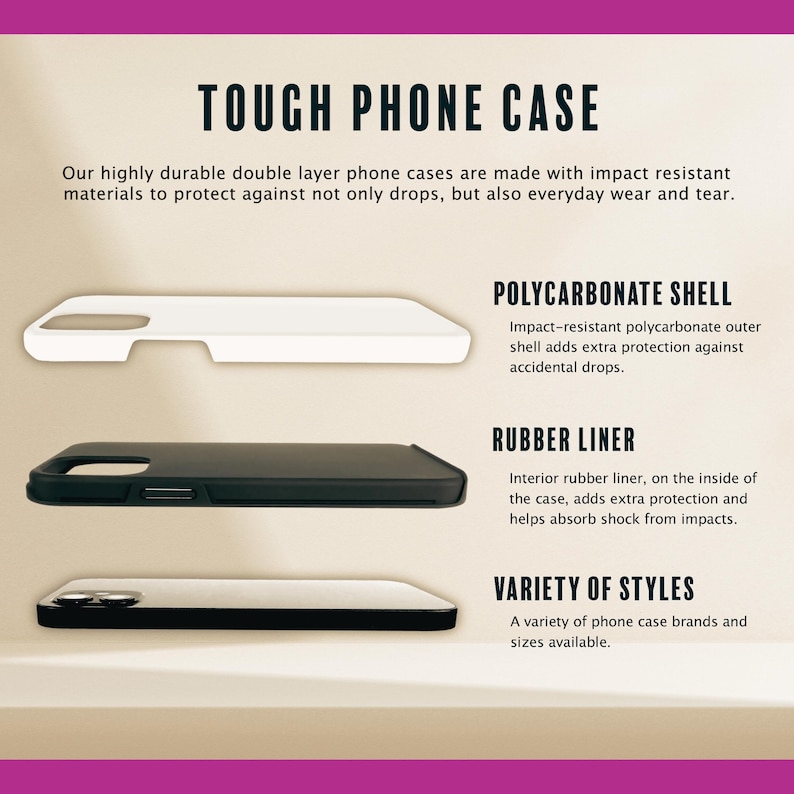 Puede incluir: Imagen de fundas para tel&eacute;fonos con el texto "TOUGH PHONE CASE". Las fundas se muestran en blanco, negro y transparente. La imagen destaca la carcasa de policarbonato, el revestimiento de goma y la variedad de estilos disponibles.