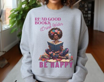 Brown Girl Reading Sweatshirt: Floral Black Woman Art, Librarian Gift