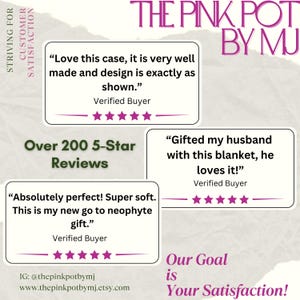 May include: Image featuring customer reviews for a product from "The Pink Pot by MJ." The reviews are displayed in white boxes with purple star ratings. Text includes "Over 200 5-Star Reviews" and "Our Goal is Your Satisfaction!"