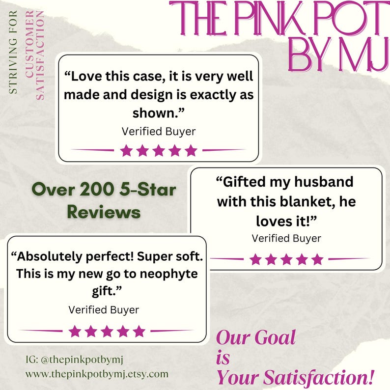 May include: Image featuring customer reviews for a product from "The Pink Pot by MJ." The reviews are displayed in white boxes with purple star ratings. Text includes "Over 200 5-Star Reviews" and "Our Goal is Your Satisfaction!"