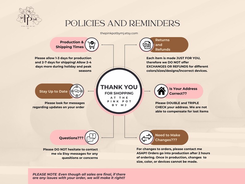 Puede incluir: Una infograf&iacute;a con el texto "POL&Iacute;TICAS Y RECORDATORIOS" y "GRACIAS POR COMPRAR EN PINK POT BY MJ". Incluye informaci&oacute;n sobre producci&oacute;n, tiempos de env&iacute;o, devoluciones, reembolsos y cambios de pedido.