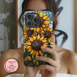 Aesthetic Faux Sunflower Stained Glass Phone Case iPhone Pixel Galaxy, Sunflower Wildflower Mosaic Floral Gift for Garden & Flower Lovers