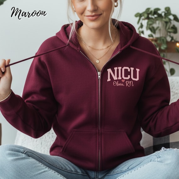 Personalized NICU Nurse Jacket, Custom RN Zip Hoodie, Nurse Life Sweater, Monogram Gift, New Nurse Grad Gift, Full Zip Nurse Apparel