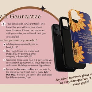 Puede incluir: Fundas de tel&eacute;fono negras con un dise&ntilde;o de girasol y texto de la Biblia. Las fundas se muestran con un fondo rosa y el texto "Love It Guarantee".