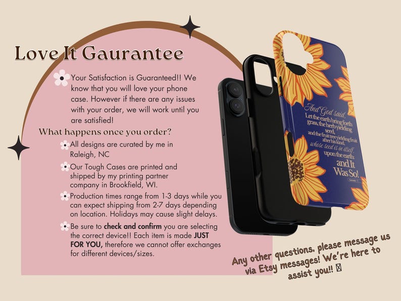 Puede incluir: Fundas de tel&eacute;fono negras con un dise&ntilde;o de girasol y texto de la Biblia. Las fundas se muestran con un fondo rosa y el texto "Love It Guarantee".