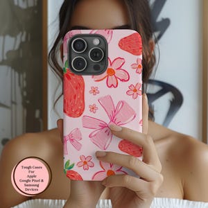 コケットストロベリースマホケース、水彩画のようなフルーツ柄カバー、ガーリーな雰囲気、iPhone 16/15/14 Plus/Pro Max、Google Pixel/Samsung Galaxy