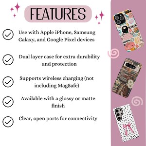 May include: Image features phone cases with various designs, including a collage of stickers, a stack of books, and a polka dot pattern with a bow. The cases are compatible with Apple iPhone, Samsung Galaxy, and Google Pixel devices.