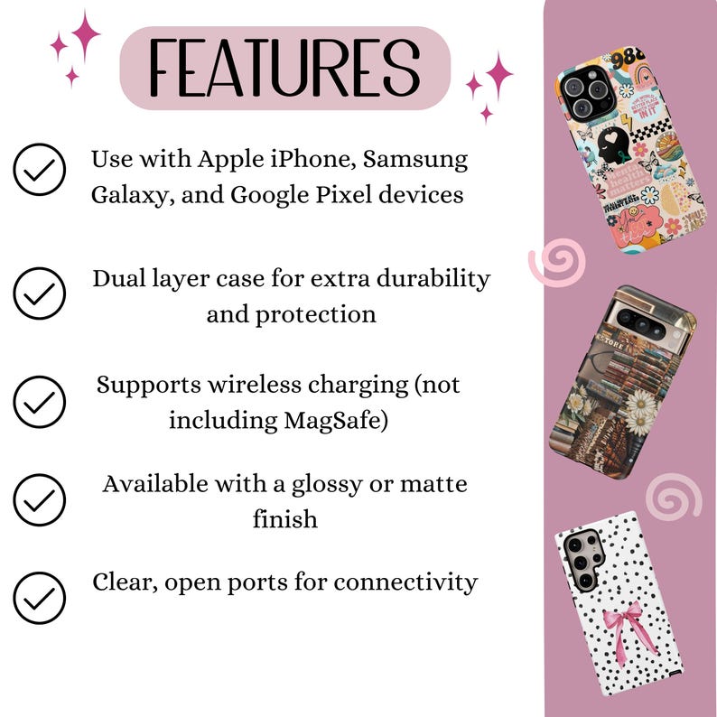 May include: Image features phone cases with various designs, including a collage of stickers, a stack of books, and a polka dot pattern with a bow. The cases are compatible with Apple iPhone, Samsung Galaxy, and Google Pixel devices.