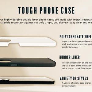 Puede incluir: Imagen de una funda resistente para tel&eacute;fono con una carcasa de policarbonato blanca, un forro de goma negro y una variedad de estilos. El texto dice "TOUGH PHONE CASE" y describe las caracter&iacute;sticas de la funda.
