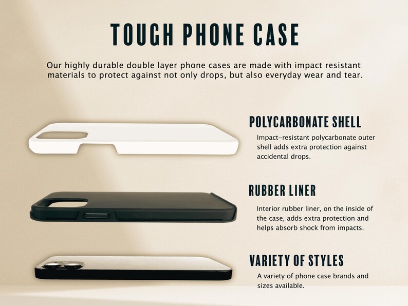 Puede incluir: Imagen de una funda resistente para tel&eacute;fono con una carcasa de policarbonato blanca, un forro de goma negro y una variedad de estilos. El texto dice "TOUGH PHONE CASE" y describe las caracter&iacute;sticas de la funda.