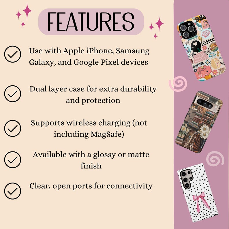 Puede incluir: Imagen que muestra fundas para tel&eacute;fonos con varios dise&ntilde;os. Compatibles con iPhones de Apple, Samsung Galaxy y dispositivos Google Pixel. Caracter&iacute;sticas: protecci&oacute;n de doble capa, carga inal&aacute;mbrica y acabados brillantes o mate. La palabra "FEATURES" est&aacute; arriba.