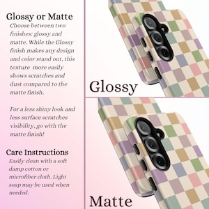 Puede incluir: Dos fundas para tel&eacute;fono con un colorido estampado de cuadros en acabado brillante y mate. El texto en el lado izquierdo de la imagen dice "Glossy or Matte" y proporciona instrucciones de cuidado.