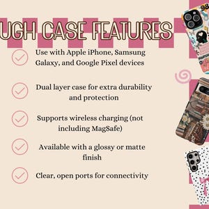 Puede incluir: Imagen de fundas para tel&eacute;fonos con varios dise&ntilde;os, incluyendo un collage colorido, una pila de libros y un patr&oacute;n de lunares con un lazo rosa. El texto destaca caracter&iacute;sticas como la protecci&oacute;n de doble capa y la carga inal&aacute;mbrica.