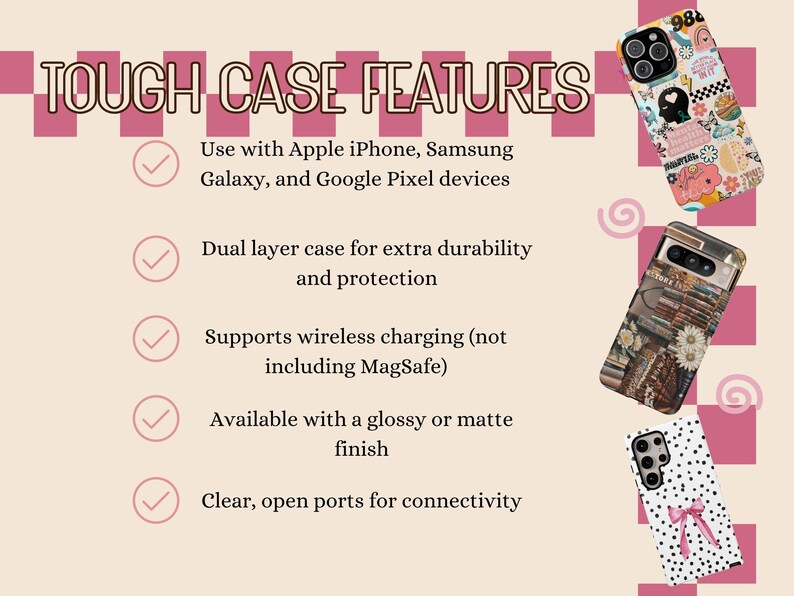 Puede incluir: Imagen de fundas para tel&eacute;fonos con varios dise&ntilde;os, incluyendo un collage colorido, una pila de libros y un patr&oacute;n de lunares con un lazo rosa. El texto destaca caracter&iacute;sticas como la protecci&oacute;n de doble capa y la carga inal&aacute;mbrica.