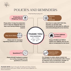 May include: A graphic with text detailing shop policies and reminders. Key points include production and shipping times, returns and refunds, staying updated on orders, address verification, and order change requests. The shop's name is also displayed.