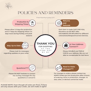 Puede incluir: Un gr&aacute;fico circular que detalla las pol&iacute;ticas y recordatorios de la tienda. Incluye informaci&oacute;n sobre los tiempos de producci&oacute;n, devoluciones, verificaci&oacute;n de la direcci&oacute;n y cambios en los pedidos. Tambi&eacute;n se muestra la direcci&oacute;n de Etsy de la tienda.