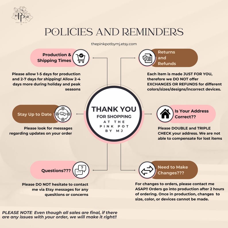 Puede incluir: Un gr&aacute;fico circular que detalla las pol&iacute;ticas y recordatorios de la tienda. Incluye informaci&oacute;n sobre los tiempos de producci&oacute;n, devoluciones, verificaci&oacute;n de la direcci&oacute;n y cambios en los pedidos. Tambi&eacute;n se muestra la direcci&oacute;n de Etsy de la tienda.