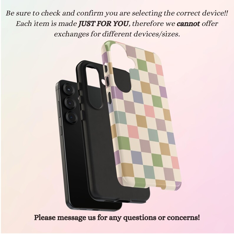 Puede incluir: Tres fundas para tel&eacute;fono: una negra, una funda interior negra y una funda blanca con un patr&oacute;n de tablero de ajedrez pastel. El texto de la imagen dice: "&iexcl;Aseg&uacute;rese de verificar y confirmar que est&aacute; seleccionando el dispositivo correcto!" y "&iexcl;Por favor, env&iacute;enos un mensaje para cualquier pregunta o inquietud!"