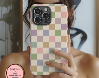 Funda de teléfono a cuadros para iPhone 16, 15, 14, 13, 12, 11, X, XR Plus, Pro Max, Samsung Galaxy, Google Pixel, moderna funda de estilo bohemio con diseño de cuadros.