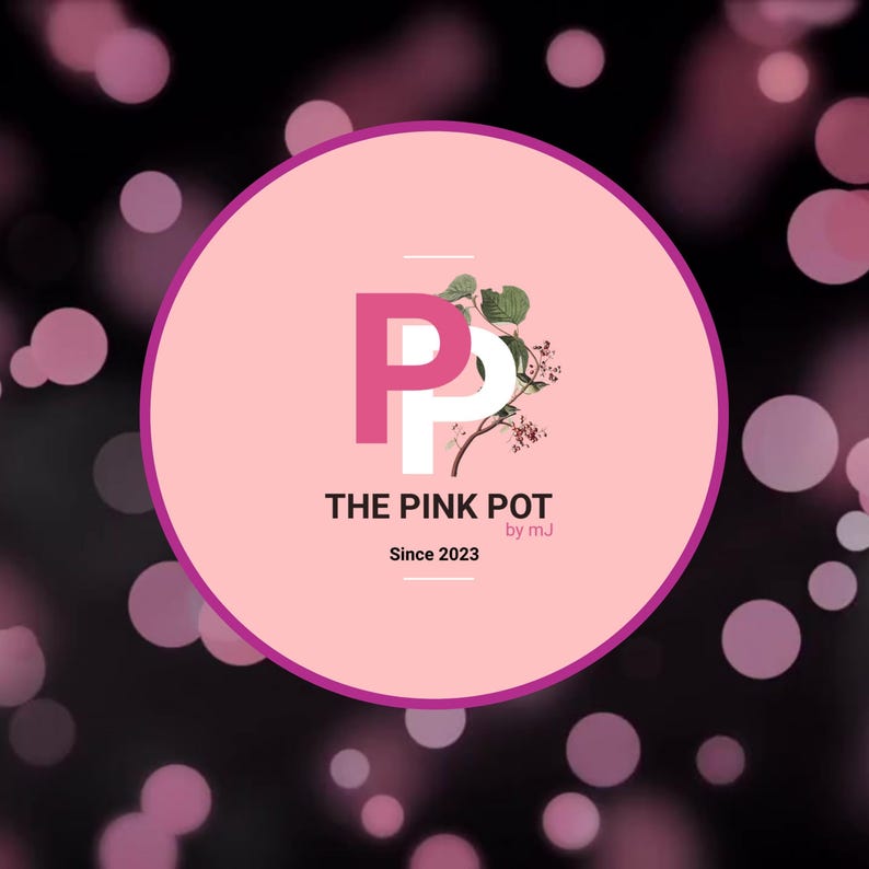 May include: A logo for "The Pink Pot" by mJ, featuring a pink circle with a magenta border. The logo includes a stylized "P" in pink and white, with botanical accents. The text "THE PINK POT" and "Since 2023" are also included.