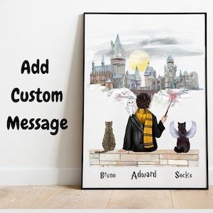 Wizard Pet Deceased Memorial Gift For Dog and Cat Owner Personalized Portrait Digital Print with Pets Couples Print Gift For Memorial Day