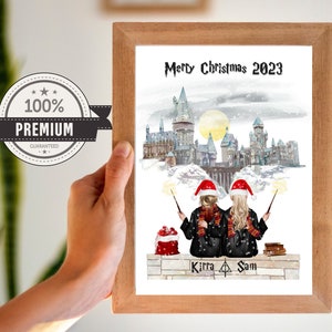 Personalized Christmas Gift Wizard School Portrait For best Friend Custom Family Digital Print with Pets Wizard Couple Print Gift For Sister